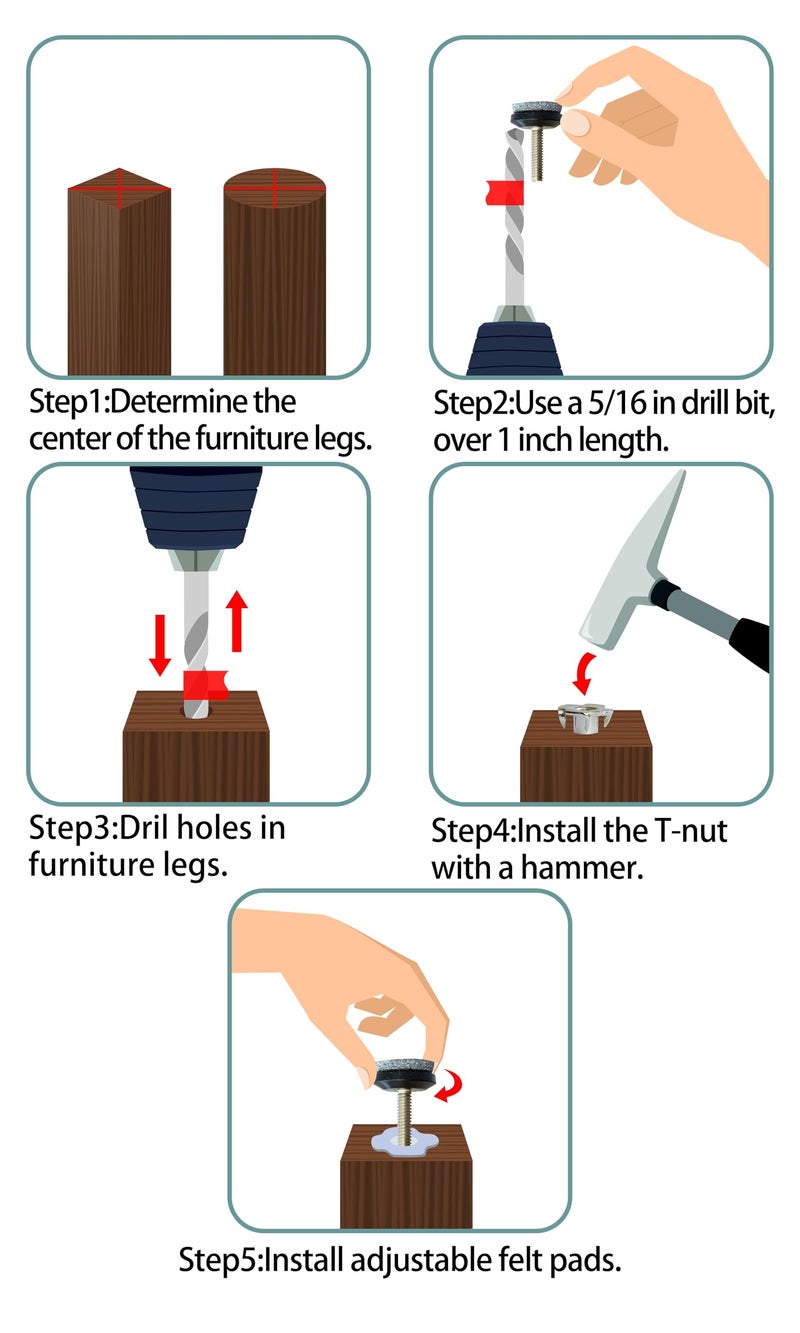 HUAYY Medium Duty Furniture Levelers Adjust Legs,Table and Chairs Leveling Feet|Height Adjustable Protection Integrated High-Density Felt Pads|Heavy Duty 1/4-20x1 Threaded Shank T-Nuts(Set of 12) - Image 5